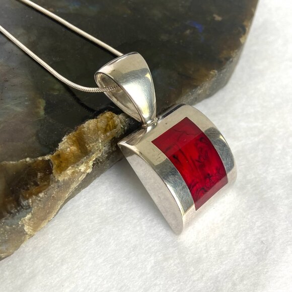 Solid Sterling Silver 925 Sim Red Jasper Pendant Necklace 19.5" Snake Chain - Picture 5 of 16